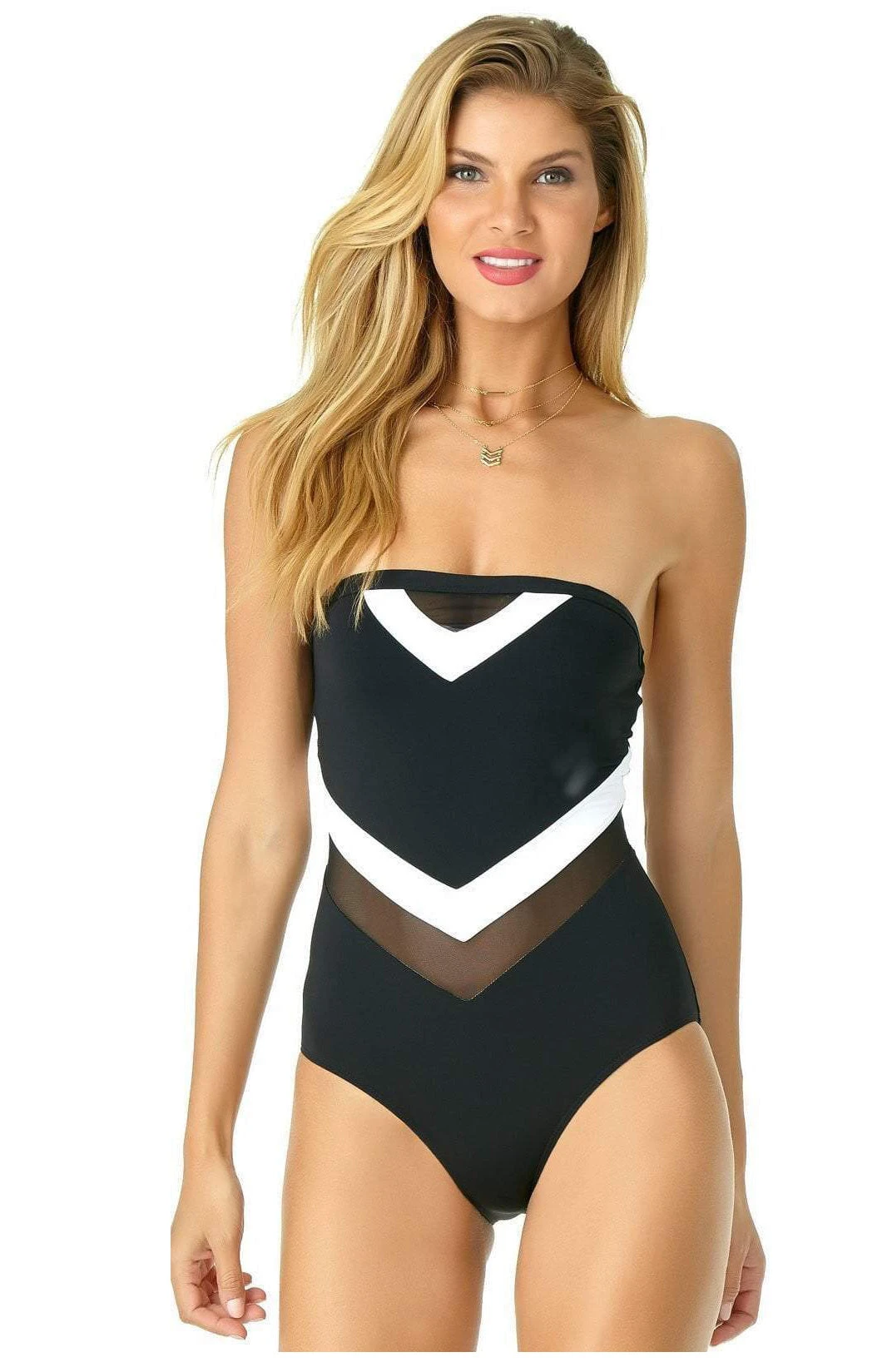 Anne Cole Color Block Mesh Chevron Spliced Bandeau Swimsuit 3 Anne Cole Color Block Mesh Chevron Spliced Bandeau Swimsuit