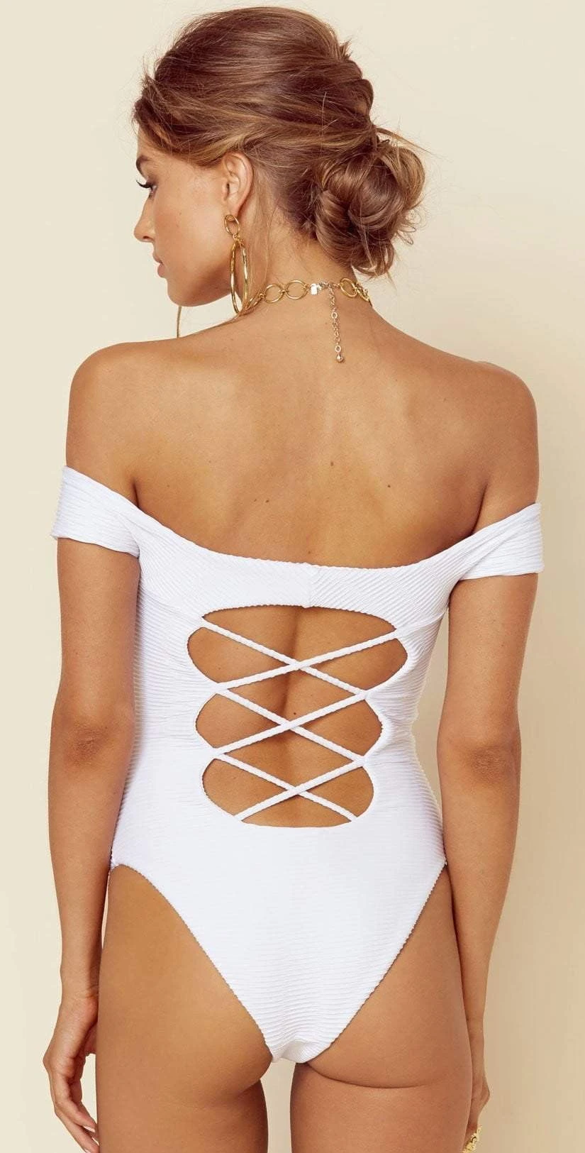 Blue Life Off Shoulder One Piece In White Jacquard 390-9466-WHT 4 Blue Life Off Shoulder One Piece In White Jacquard 390-9466-WHT - Image 2