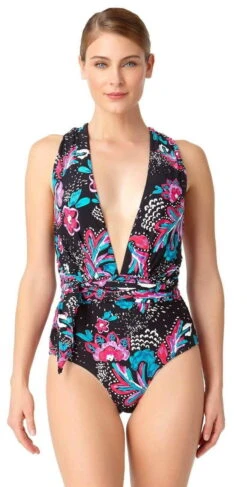 Anne Cole Wild Flower That's A Wrap Plunge One Piece Swimsuit -Tial Muse Shop anne cole 18MO06856 MULT F