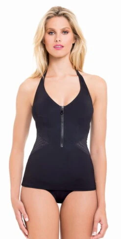 Profile By Gottex Monte Carlo Zip Up Tankini Top In Black E765-1B30-001