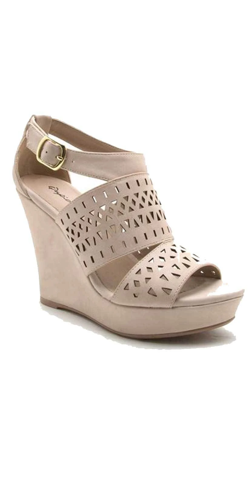 Qupid Shoes Lena Perforated Strappy Wedge In Nude LENA-619 NUDE 3 Qupid Shoes Lena Perforated Strappy Wedge In Nude LENA-619 NUDE