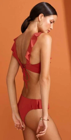 Robin Piccone Lina Ruffle Tab Side Bottom In Auburn 181265-AUB